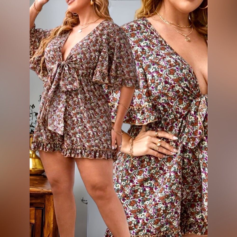 SHEIN Curve l Tie front Romper l Plunging Neckline l 1/2 Bell Sleeve l 2X l EUC
